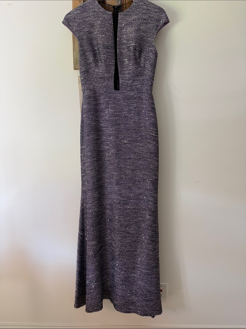 Lela Rose Plum Tweed Cap-Sleeve Evening Gown with Metallic Flecks